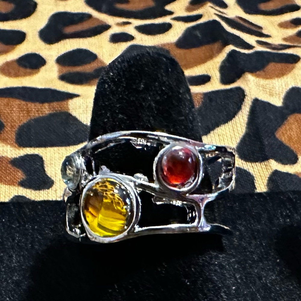 Silver Ring with Red and Yellow Stones